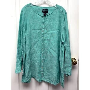Tahari Linen Blouse Green Heavier Weight Long Sleeve Women's Size 2X Lagenlook